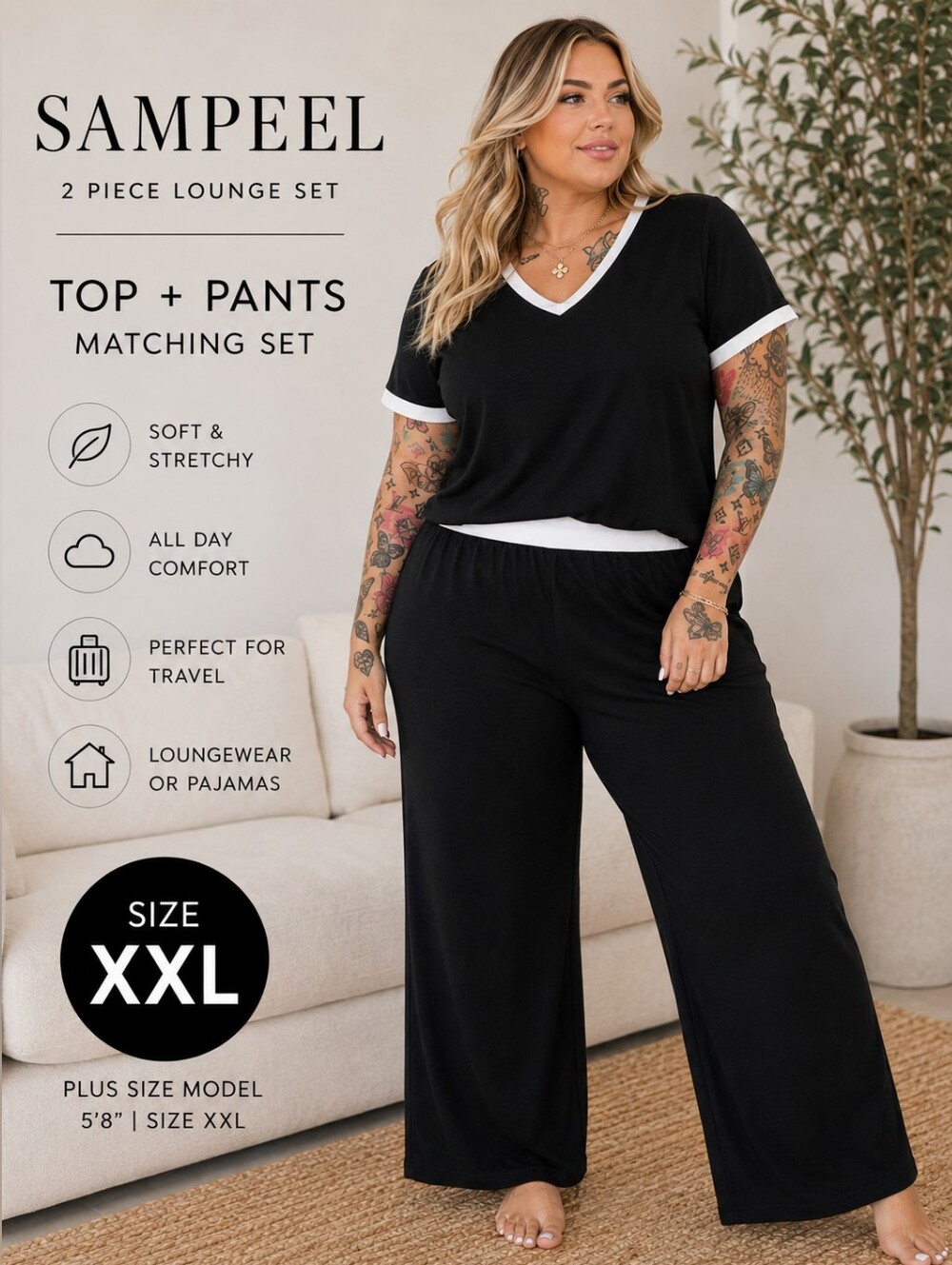 NWT Sampeel Black XXL 2 Piece Outfit Lounge Pajama Set Short Sleeve Top Pants